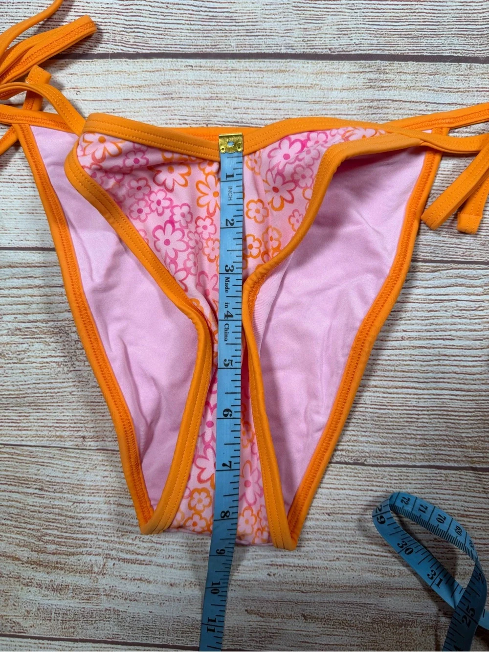 Frankie's Bikinis Pink Floral & Orange Trim Tie-Side Cheeky Bikini Bottom